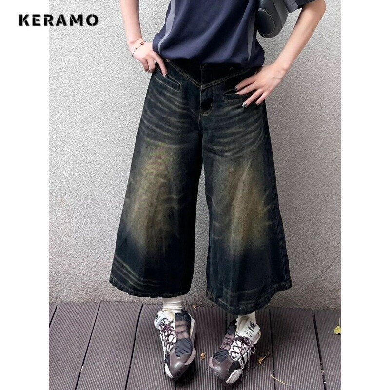 Американские винтажные прямые джинсовые шорты средней длины с высокой талией, женские повседневные шорты 1920-х, мешковатые джинсовые шорты Y2K с эффектом потертости