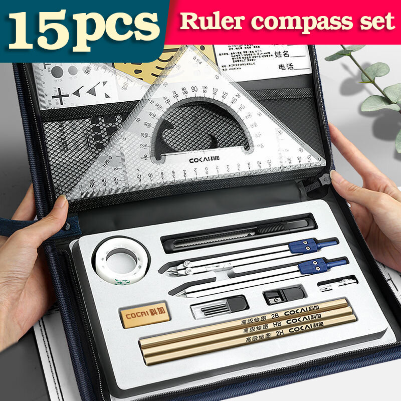 15 In1 Compass Ruler Math Geometry Plate Stationery Set Students Professional Civil Mechanical Engineering Drawing Accessori