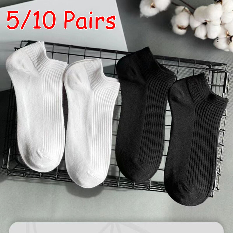 Meias de algodão para homens e mulheres, meias de tubo baixo, brancas e pretas, absorvendo suor invisível, 100% algodão, 5 pares por pacote, novo, 10 pares por pacote
