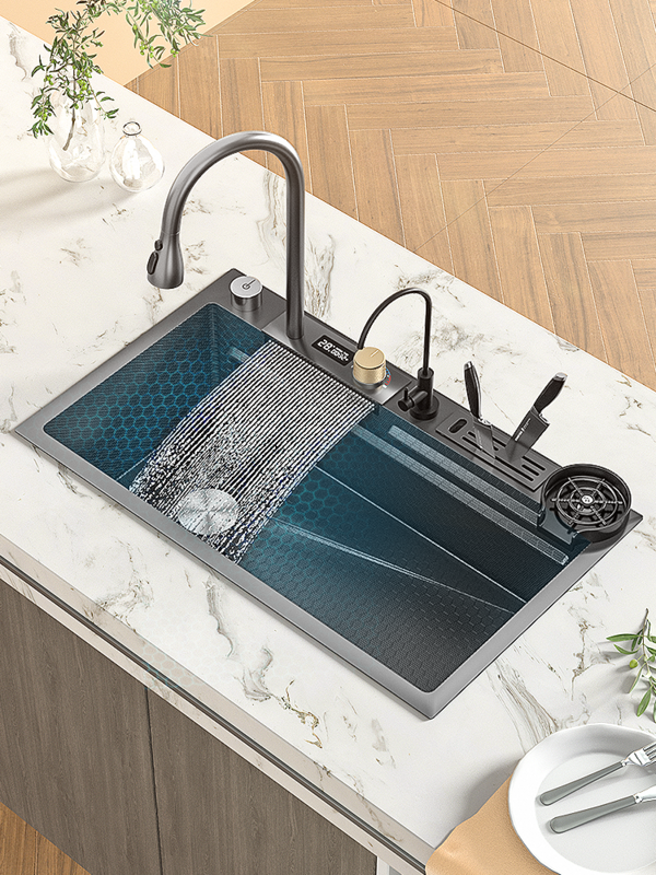 Lavello da cucina a cascata in acciaio inossidabile Nano con portacoltelli grande lavabo a fessura singola rubinetto estraibile multifunzionale