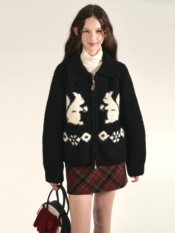 Deeptown-Cardigã com padrão esquilo kawaii feminino, suéter extragrande, tops de malha, coreano, Harajuku, vintage, outono, inverno