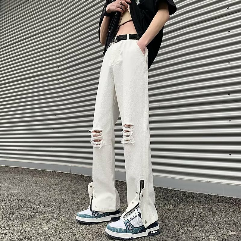 Y2K-Men's Calças jeans casual buraco, jeans rasgado, jeans branco, hip hop, vintage, zip up, techwear, moda, novo, primavera
