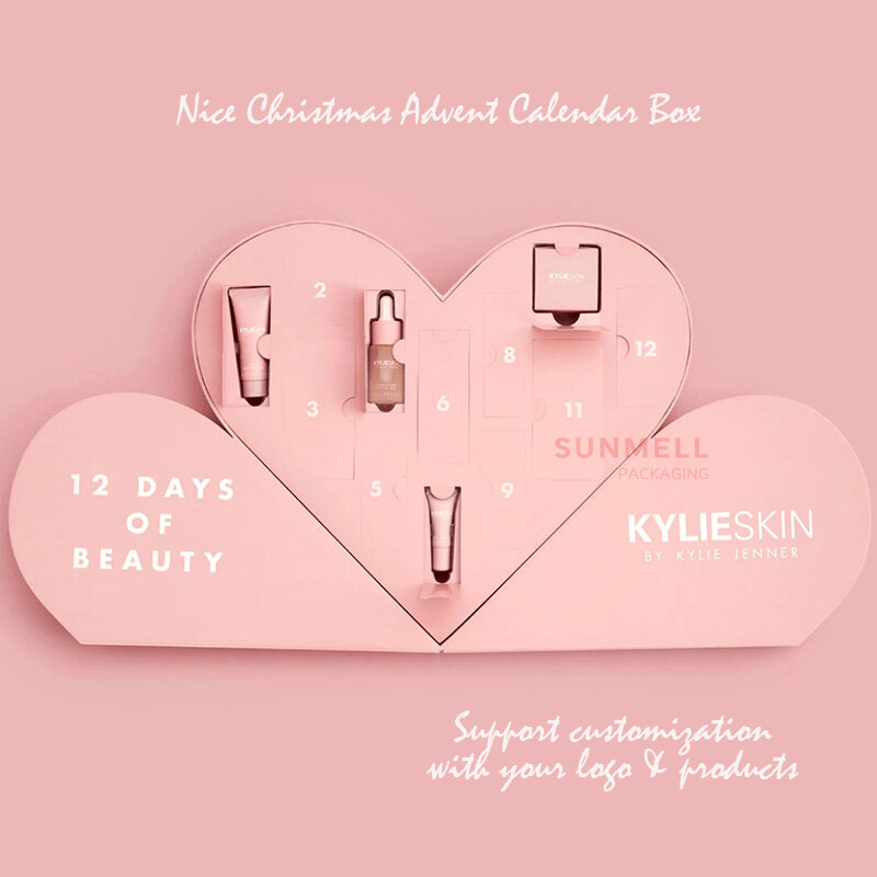 Customized productcustom 12 days pink empty skin care heart shape makeup beauty ramadan advent calendar gift box