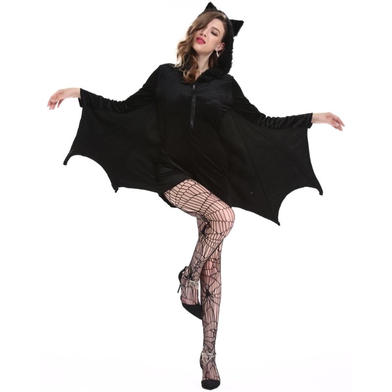 Erwachsene Frauen Schwarz Halloween Fledermaus Overall Strampler mit Flügel Dress Up Hoodies Playsuits Cosplay Kostüm Outfit