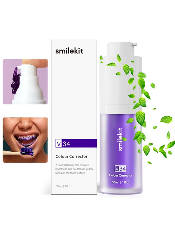 Smilekit-معجون أسنان تبييض v34 ، إصلاح الأسنان ، أبيض ، اشراق ، العناية بالأسنان ، أرجواني ، تقليل الاصفرار