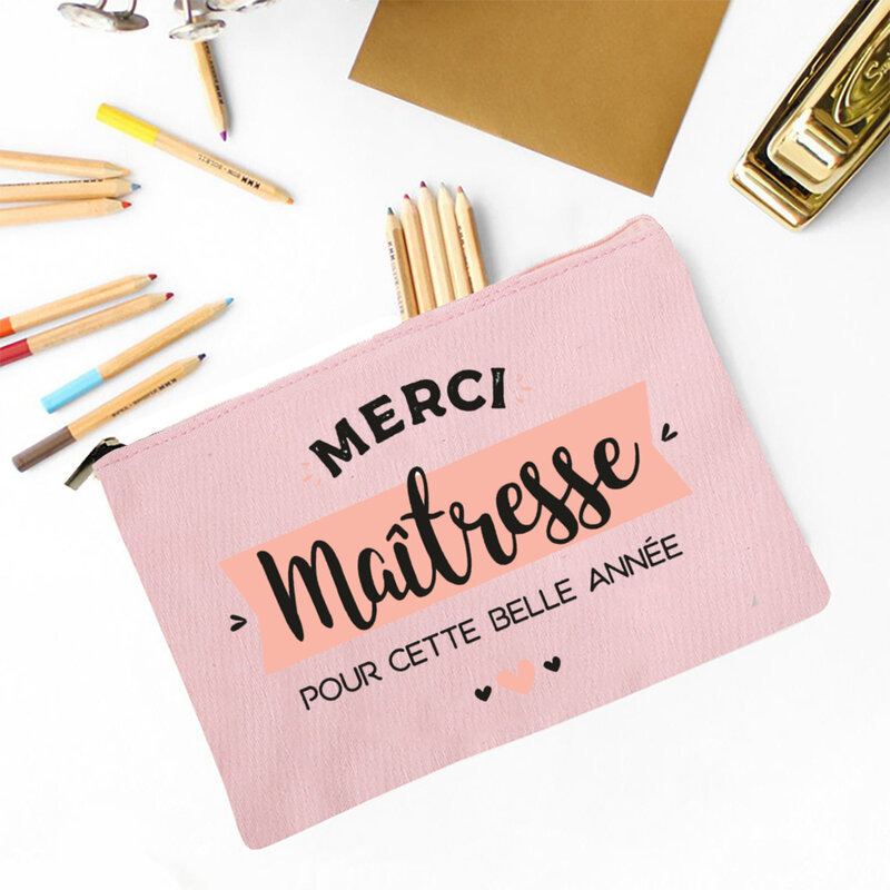 Merci Maitresse French Print Makeup Bag Travel Neceser Toiletry Storage Pouch School Pencil Bags Best Graduate Gift for Teacher