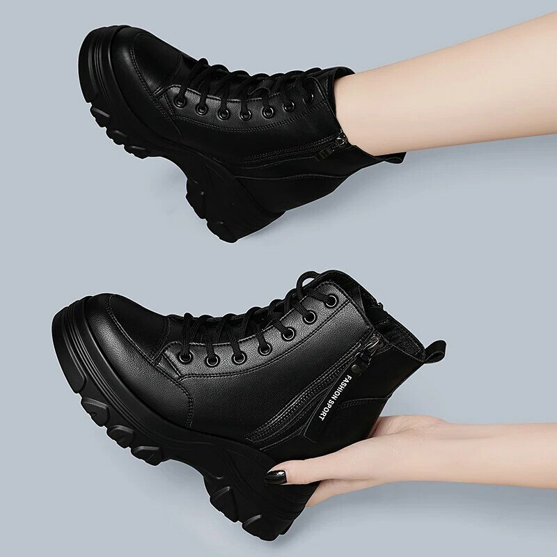 Botines de plataforma a la moda para mujer, zapatos de tacón plano, botas cortas, calzado de aumento interno, Otoño e Invierno