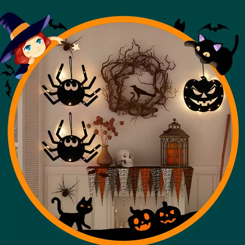 Placa pendurada engraçada de Halloween, Castelo, Fantasma, Teia de Aranha, Ornamento Luminoso, Decoração Horror Party, Pingente