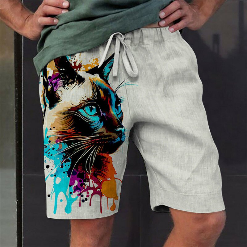 Calção gráfica 3D masculina, calção de banho, cordão de praia, elástico na cintura, estampa animal, sopro de gato, verão