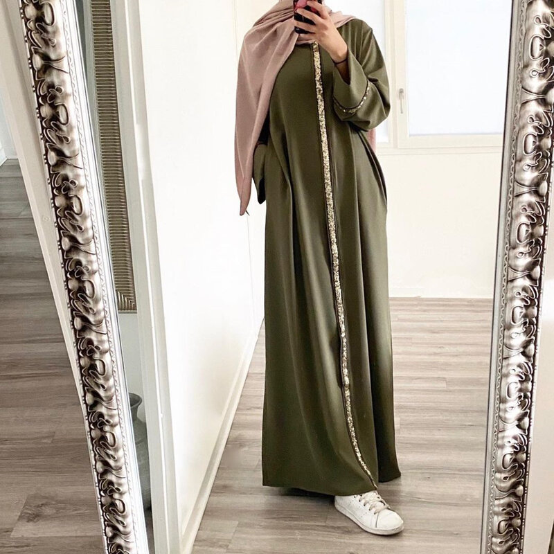 Busana Muslim mewah Maroko Timur Tengah jubah Wanita Mode Splice Edge gaun payet warna Solid jubah sifon