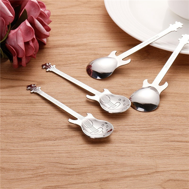 Guitar Coffee Teaspoons,4 Pcs Stainless Steel Musical Coffee Spoons Teaspoons Mixing Spoons Sugar Spoon(Silver)