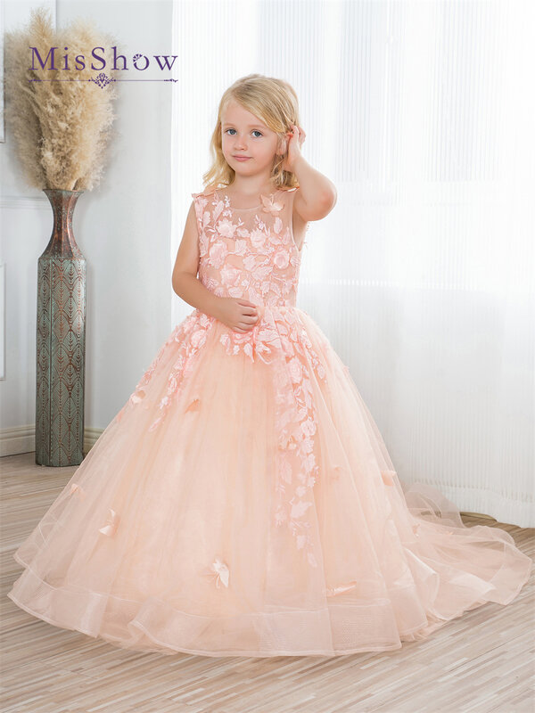 Розовые платья для девочек MisShow с цветами для свадьбы, 3D кружевное цветочное детское бальное платье для подружки невесты, пушистое детское платье для дня рождения, принцессы