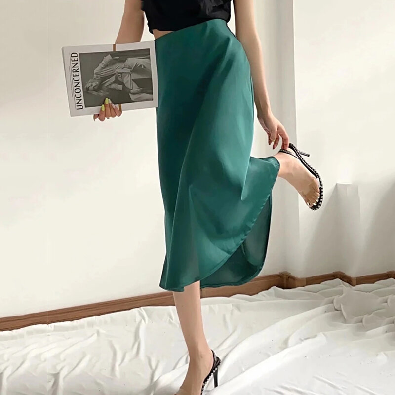 Hot Sale Solid Satin Elastic Waist Women A-Line Skirt Summer Female Slim Falda