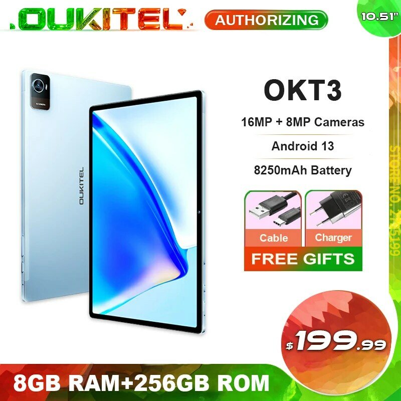 Планшет Oukitel OKT3 на Android 13, 8-ядерный процессор, экран 10,51 дюйма FHD +, аккумулятор 8250 мАч, 8 ГБ + 256 ГБ