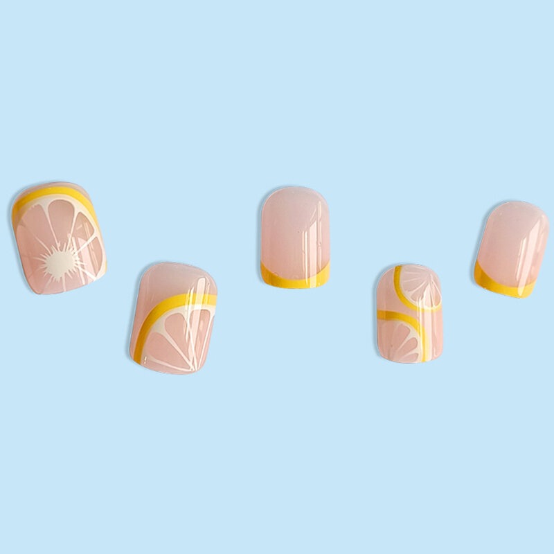 24Pcs/Set Short Fake Nails With Glue Lemon Pattern Design Acrylic Nail Tips Wearable Full Cover Nail Patch Manicures Decoration