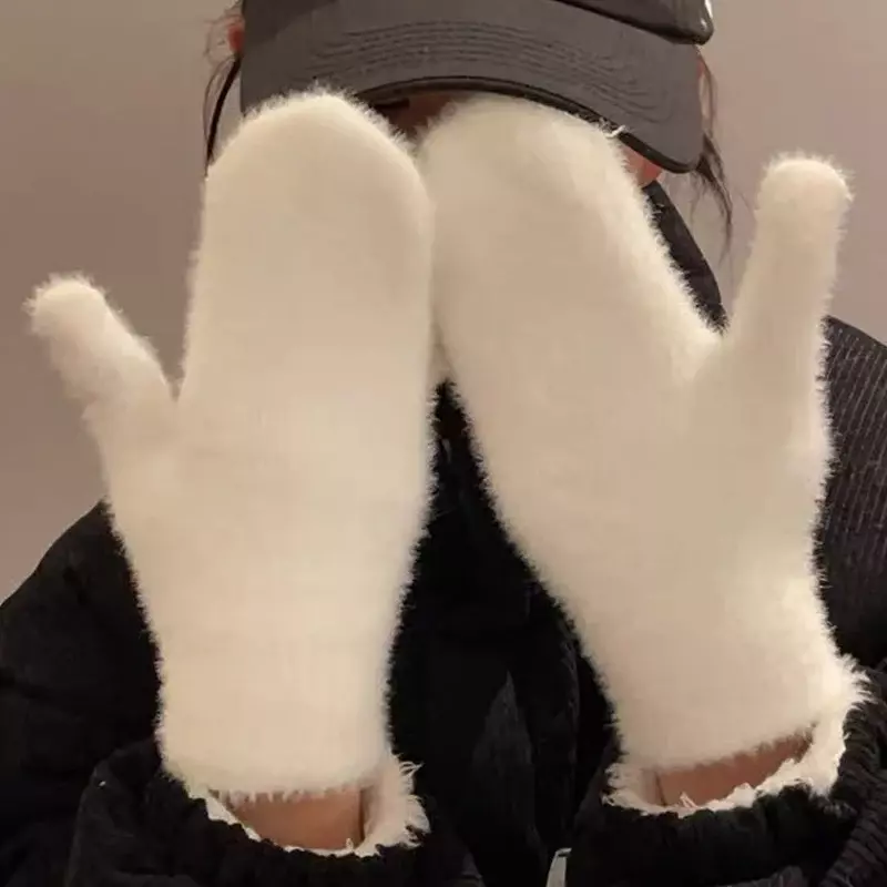 Śliczne pluszowe rękawiczki z wełny królika dla kobiet zimowe rękawiczki rękawiczki białe futro rękawiczki bez palców dziewczyny jeżdżące na wiatroszczelnych rękawiczkach