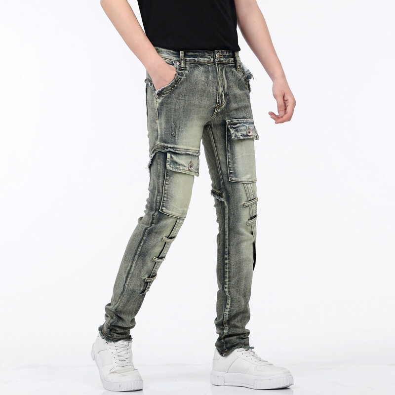 2024New Autumn Multi-Pocket Motorcycle Jeans Men's Retro Distressed Yellow Mud Color Personality Slim Fit Stitching Trousers