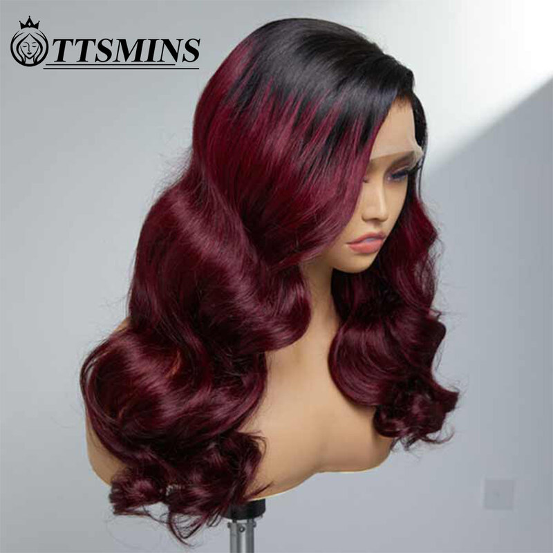 Ombre Body Wave 1 b99j burgundowe koronkowe peruki z przodu 13x4 ludzkie włosy dla kobiet 180% wstępnie oskubane koronkowa peruka z przodu dwukolorowa czarne korzenie
