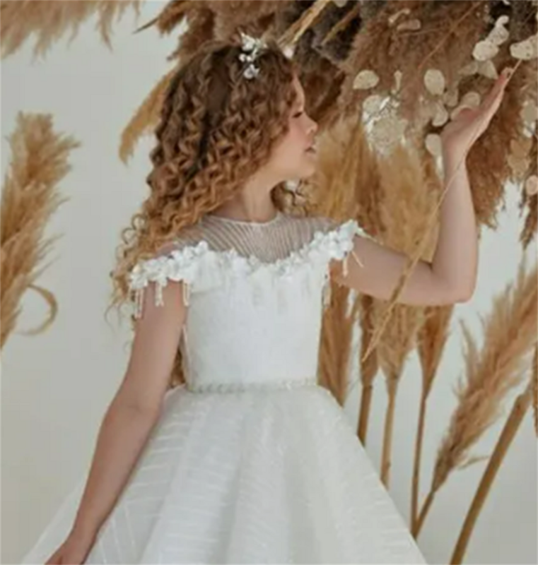 Vestido de flores para niña, vestido blanco esponjoso, encaje brillante, borla, apliques de flores encantadoras, fiesta de graduación