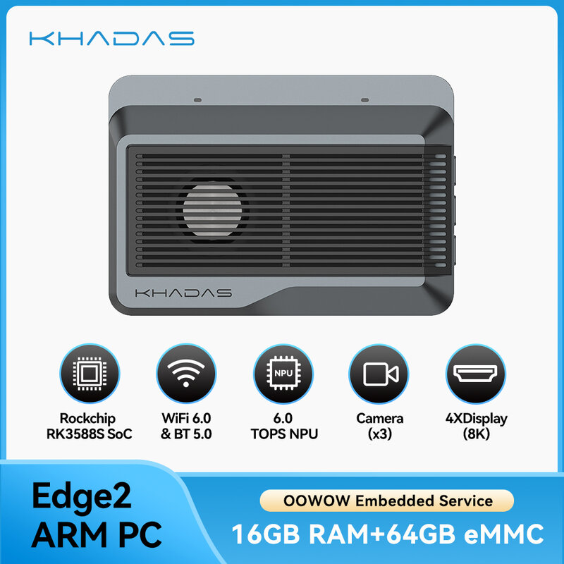Khadas Edge2 ARM PC/Maker Kit, komputer papan tunggal RK3588S dengan CPU 8-core 64-bit, ARM Mali-G610 MP4 GPU, 6 TOPS AI NPU Wi-Fi 6