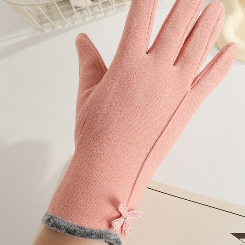 Перчатки на палец из бархата с кроликом, плюшевые перчатки с открытым боковым бантом на запястье, перчатки для сенсорного экрана, двухсторонние плюшевые ветрозащитные теплые перчатки