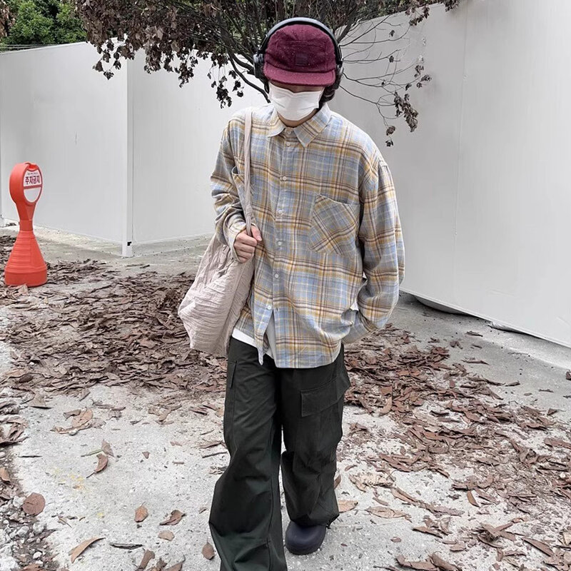 Мужская винтажная рубашка Y2K, рубашка в клетку с длинным рукавом, уличная одежда в японском и корейском стиле, весна-осень