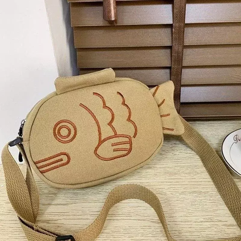 Bolso de mensajero de lona con bordado de estilo coreano para mujer, bolso de hombro con forma de pez feo de dibujos animados creativos, monedero, bolsos de mensajero