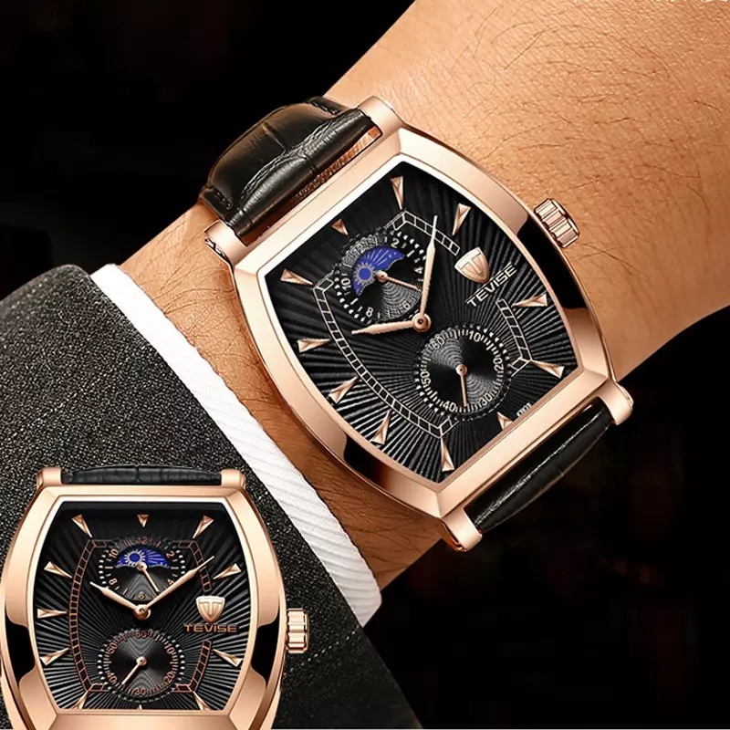 Klasyczny zegarek Tonneau Case dla mężczyzn faza księżyca moda zegarki kwarcowe męskie mężczyzna zegar wodoodporny różowe złoto Relogio Masculino