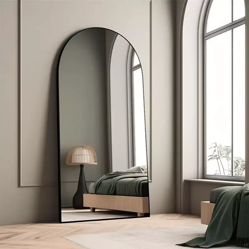 Espejo arqueado de longitud completa, marco de aleación de aluminio con soporte, montaje en pared Vertical o inclinado, espejo de piso grande