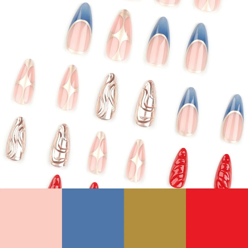 Накладные ногти из тяжелого металла, 24 шт., 3D накладные ногти в форме красных и золотых волн, дизайн Y2k миндаль, накладные ногти в стиле панк, накладные ногти для девочек