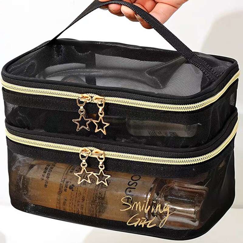 Bolsa de malha transparente de camada dupla para mulheres, bolsa de maquiagem, organizador de higiene pessoal, viagem de negócios, bolsa de maquiagem
