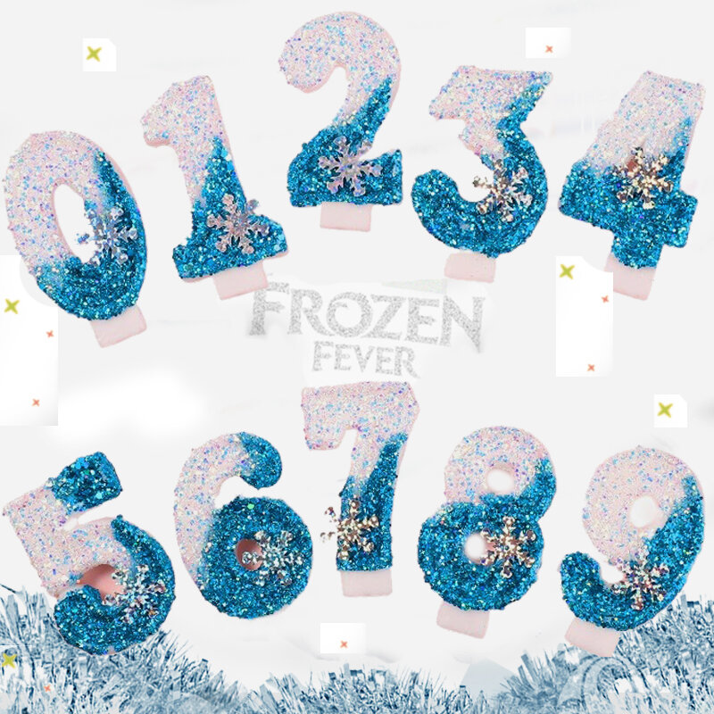 Bougeoirs bleus flocon de neige princesse sans flamme, décor de fête, bougie anniversaire, congelé, ci-après les pour gâteaux, 0-9 chiffres