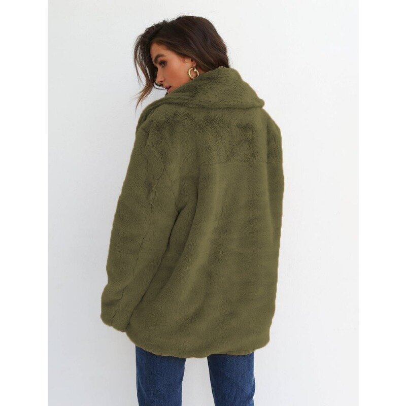 여성용 우아한 와이드 라펠 인조 모피 테디 재킷, 따뜻한 두꺼운 루즈 코트, 외투, 가을, 겨울
