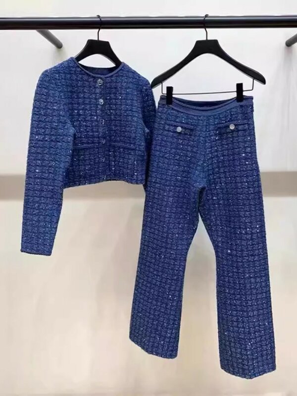 Women Blue Tweed Knitted Set Single Breasted O-Neck Long Sleeve Jacket or High Waist Straight Long Pants