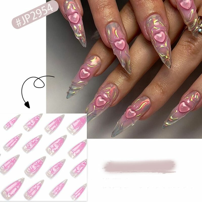 24pcs Long Stiletto Fake Nails Pink 3D Heart False Nails Full Cover Press on Nails DIY Detachable Nail Tips French Ballet nails