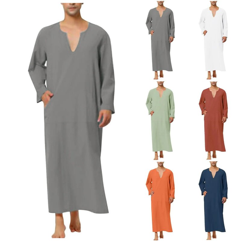 Homens finos e sólidos Soltos Vestes Muçulmanas, Camisas de Manga Longa, Robe Decote V, Islâmica, Arábia Saudita, Malásia, Kaftan, Abaya Muçulmana, Verão