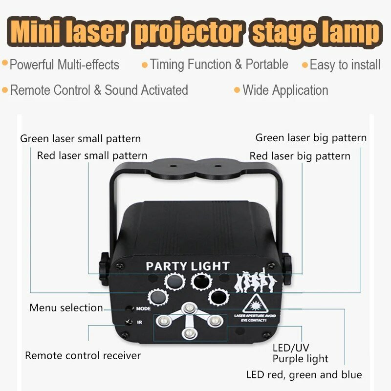 Mini RGB Laser Projetor Stage Luz, DJ Disco Lâmpada LED, USB Recarregável, UV Sound Strobe, Efeito de Palco, Casamento, Natal, Holiday Party