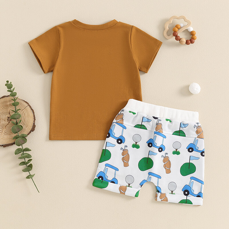 Toddler Boys Letter Golf Car Print Camisetas de manga curta, cintura elástica Shorts, roupas, roupas de verão, 2pcs
