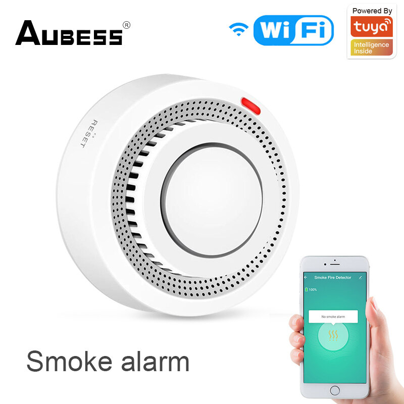 Aubess tuya wi fi sensor de fumaça proteção contra incêndio início detector entrada fumaça combinação alarme incêndio segurança em casa