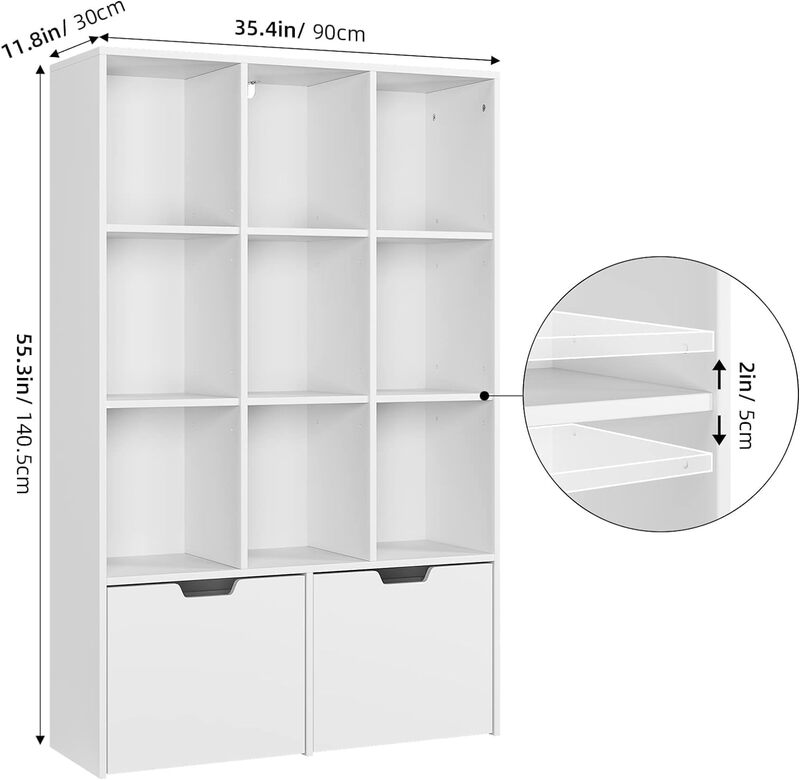 White Bookshelf, Modern Bookcase Storage Cabinet with 9 Lockers and 2 Large Storage Drawers