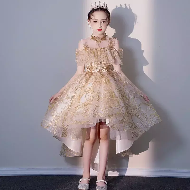 Детское платье для ведущей, весеннее платье для выступления пианино для девочек, подиумное платье принцессы для маленьких девочек с цветами, пышное газовое платье