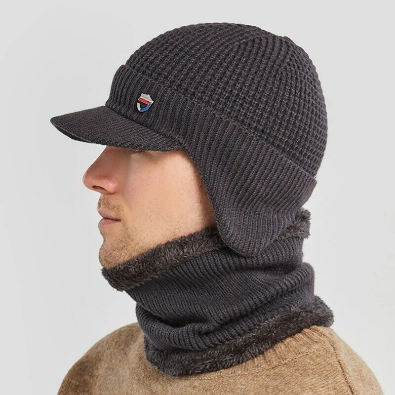 Men Winter 2Pcs Set Visor Earflap Beanie Hat with Scarf Knit Plush Lined Warmer