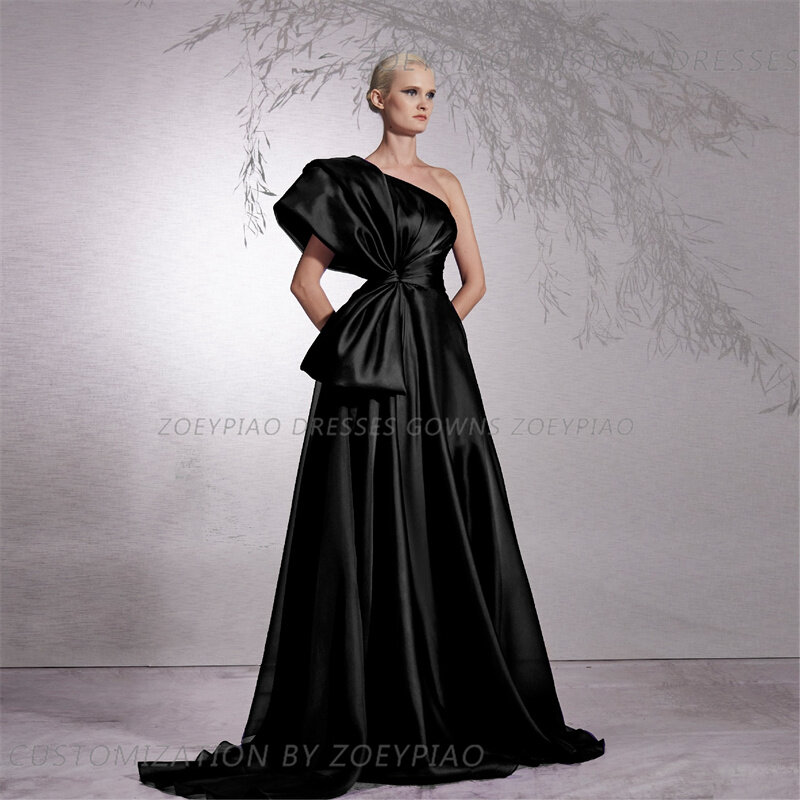 サテンのイブニングドレス,非対称の裸の肩,黒いフロントボウ,フォーマルなラインドレス,床の長さのガウン,プロムパーティー