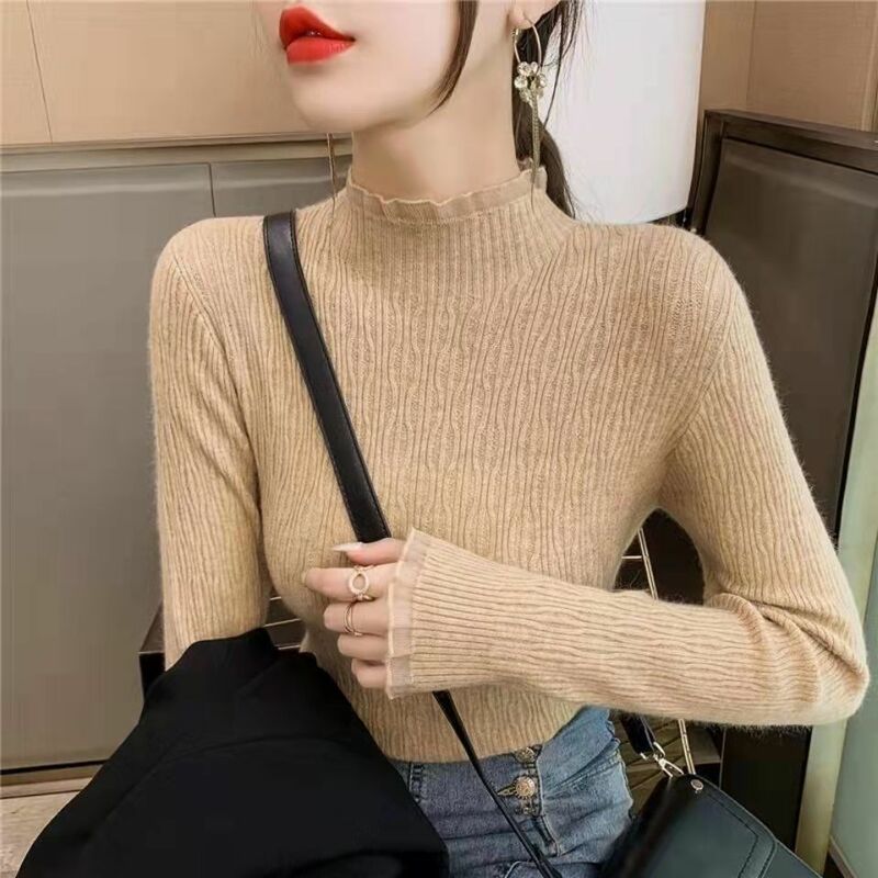 2023 Women's Autumn Winter New Stitching Slim Fit Pullovers Male Long Sleeve Knit Tops Ladies Half High Collar Sweater Tops T217