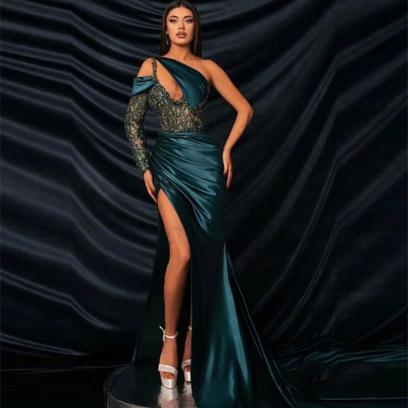 Vintage suknie wieczorowe wdzięczne z jednym rękawem nowoczesny wysoki rozcięty Sexy syrenka bez pleców wspaniały satynowy suknie na bal maturalny mody