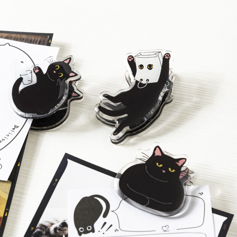 Petit chat noir Bad Beaumont réinitialisation pour livre de bureau, clip de fixation acrylique, dossier de rangement de reçus, fournitures scolaires, 6 pièces, uno