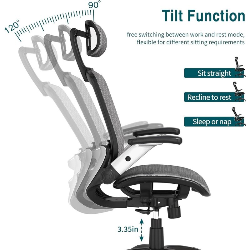 Silla ergonómica de oficina de malla con respaldo alto, reposacabezas ajustable con brazos abatibles, función de inclinación, soporte Lumbar y ruedas de PU