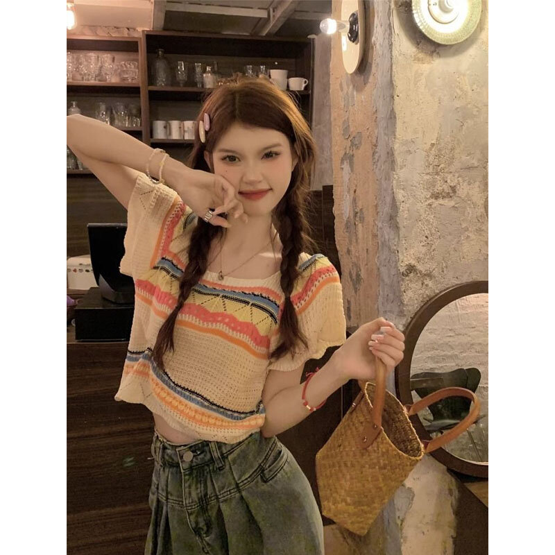 Fashion Summer Lady New Bohemia Hollow Out Square Neck Short Sleeved Loose Patchwork Youth All-match Knitting Short Gradient Top