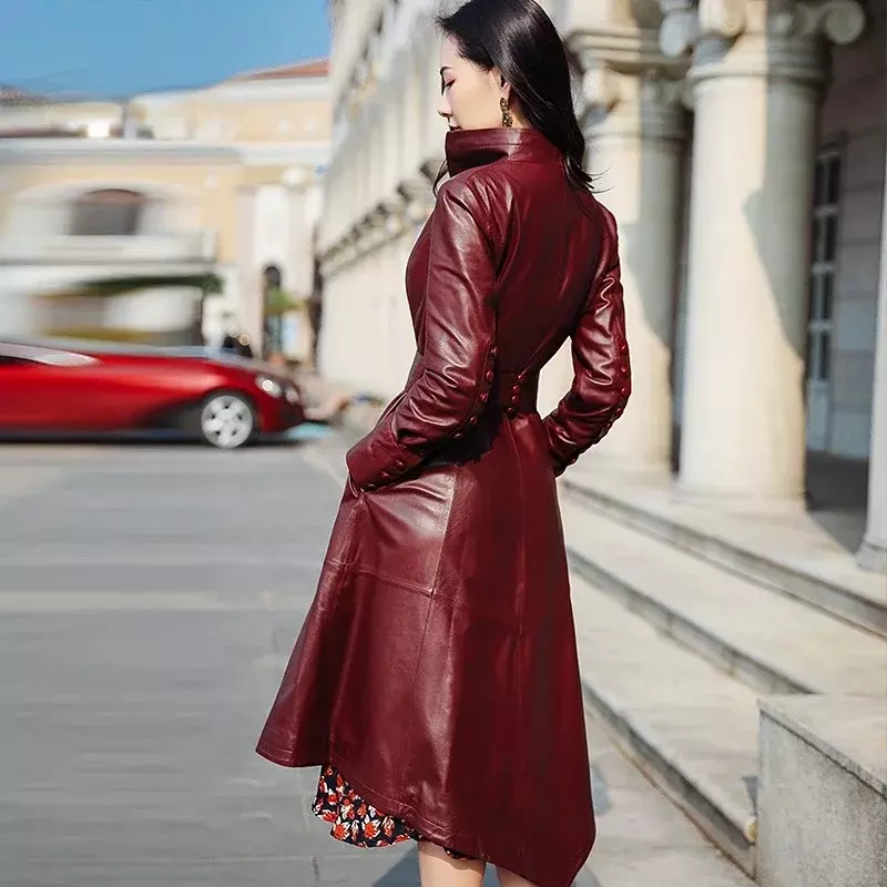 Jaqueta de couro genuíno das mulheres de alta qualidade real pele carneiro longo trench coat moda feminina casacos outono veste cuir femme sgg