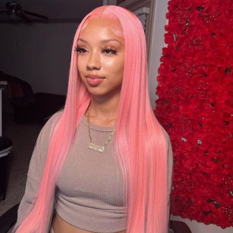 Pink Long Straight Hair Highlight Wig Lace Frontal Wig Full Head Set Fashion Natural Realistic Female Human Hair